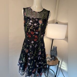 Morgan & Co. Floral Embroidered Mesh Fit & Flare Dress midnight blue Size 9